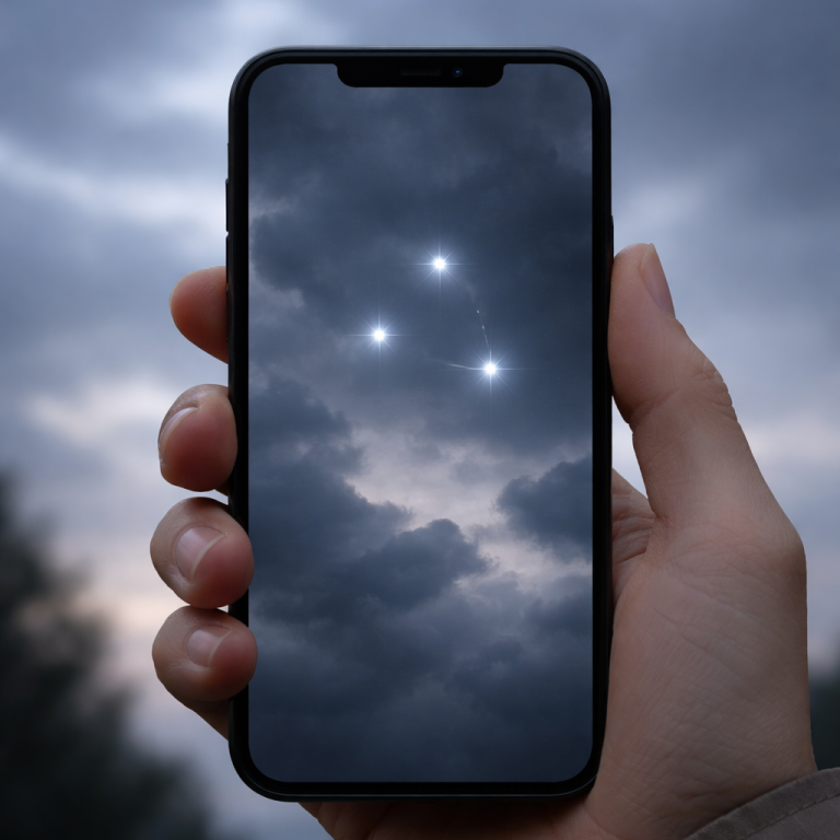 Smartphone vor dunklem Himmel mit drei leuchtenden Punkten