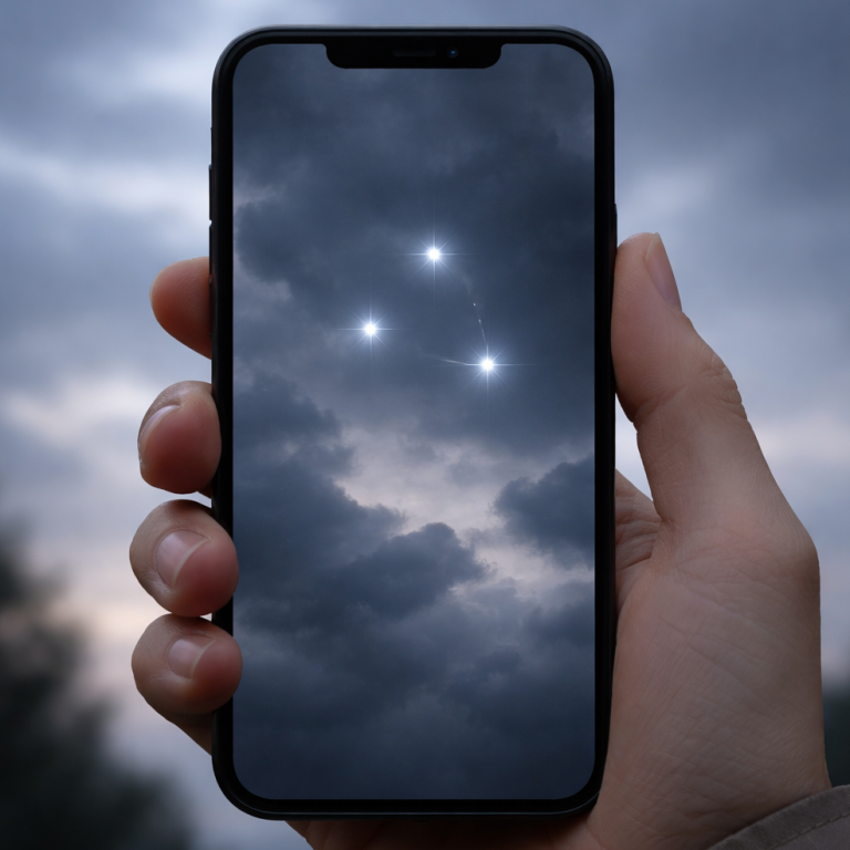 Smartphone-Foto eines UAP Smartphone vor dunklem Himmel mit drei leuchtenden Punkten