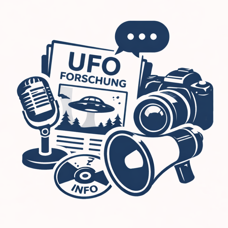 Icons für Medienbereiche: Zeitschrift, Mikrofon, Kamera und Megafon